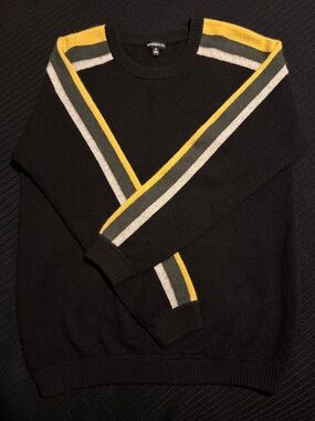 Minnie Rose 100% Cashmere Black Crewneck Sweater w/Yellow, Gray & Cream Stripes